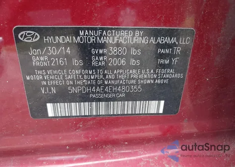 2014 Hyundai Elantra Se z USA, uszkodzony, nr VIN 5NPDH4AE4EH480355